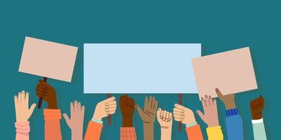 A crowd of people of different nationalities and at a protest. Hands holding empty template of placards and banners. Street demonstration and standing up for their rights. vector