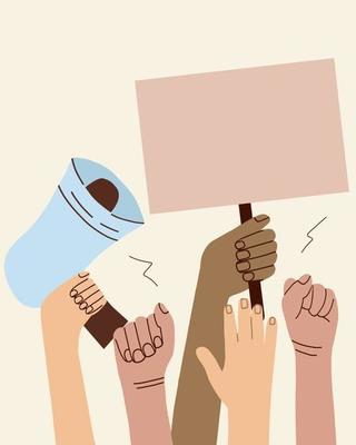 A crowd of people of different nationalities and at a protest. Hands holding empty templates of banners and a mouthpiece. Street demonstration and standing up for their rights