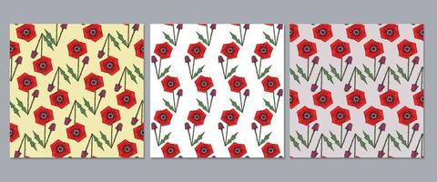 A set of botanical seamless patterns of their stylized poppies. Floral modern vector print
