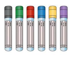 colección de tubos de ensayo vacíos con tapas coloridas para análisis de sangre de pacientes en estilo de dibujos animados. tubos de ensayo para diagnóstico de plasma de pacientes. conjunto de ilustraciones vectoriales. fondo aislado.