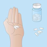 Pills on the palm, a tube of medicines and a scattering of medicinal capsules in a cartoon style, take medicine. Vector illustration. The woman holds the drug capsules in her hand. Isolated background