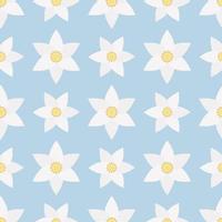 Narcissus. Delicate white flower with a curly yellow core. Seamless vector pattern. Isolated blue background. Flat style. Endless summer ornament. Delicate floral background.