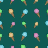 Ice cream in a crispy waffle cone. Seamless vector pattern. Infinitely repeating pattern. Isolated green background. Eskimo cone. Idea for web design, wallpaper, cover, packaging. Flat style.