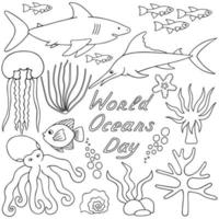 Undersea world. Vector set of illustrations. Outline on a white isolated background. The inhabitants of the ocean. Hand drawing style. Sketch. Sea creatures. Shark, reef, jellyfish. Coloring book.