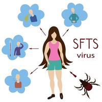 Path of infection with SFTS virus and its symptoms. Dangerous insect tick bite. Vector illustration. Isolated white background. A disease that leads to severe fever with thrombocytopenia syndrome.