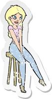 retro distressed sticker of a cartoon pretty girl on stool vector