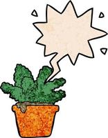 cartoon house plant and speech bubble in retro texture style vector