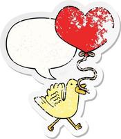 cartoon bird and heart balloon and speech bubble distressed sticker vector