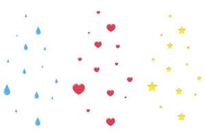 Blue water drops, red hearts and yellow stars. Rising up vector elements set. Rounded raindrops, scarlet symbols of love and golden celestial bodies. Isolated background. Flat style.