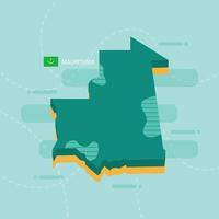 3d vector map of Mauritania with name and flag of country on light green background and dash.