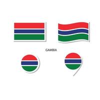 conjunto de iconos del logotipo de la bandera de Gambia, iconos planos rectangulares, forma circular, marcador con banderas. vector