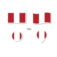 conjunto de iconos del logotipo de la bandera peruana, iconos planos rectangulares, forma circular, marcador con banderas. vector