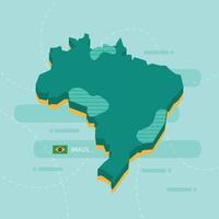 3d vector map of Brazil with name and flag of country on light green background and dash.