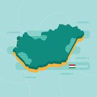 3d vector map of Hungary with name and flag of country on light green background and dash.