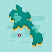 3d vector map of Laos with name and flag of country on light green background and dash.