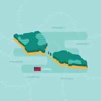 3d vector map of Samoa with name and flag of country on light green background and dash.