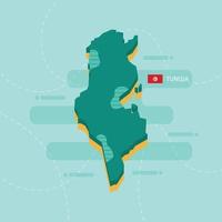 3d vector map of Tunisia with name and flag of country on light green background and dash.