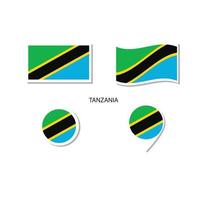 conjunto de iconos del logotipo de la bandera de tanzania, iconos planos rectangulares, forma circular, marcador con banderas. vector