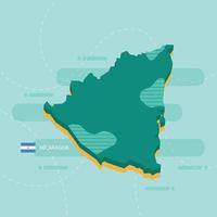 3d vector map of Nicaragua with name and flag of country on light green background and dash.