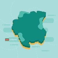 3d vector map of Suriname with name and flag of country on light green background and dash.