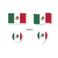 conjunto de iconos del logotipo de la bandera de México, iconos planos rectangulares, forma circular, marcador con banderas. vector