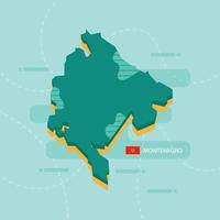 3d vector map of Montenegro with name and flag of country on light green background and dash.