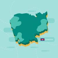 3d vector map of Cambodia with name and flag of country on light green background and dash.