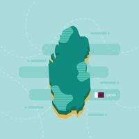 3d vector map of Qatar with name and flag of country on light green background and dash.