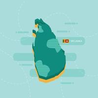 3d vector map of Sri Lanka with name and flag of country on light green background and dash.