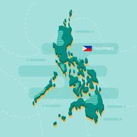 3d vector map of Philippines with name and flag of country on light green background and dash.