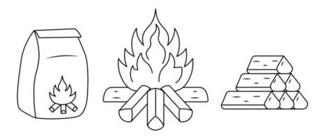 Coal for a fire in a paper bag, a fire and firewood. Sketch. Material for ignition of a brazier. Set of vector illustrations. Doodle style. A hot flame of fire and logs are stacked in a pyramid.