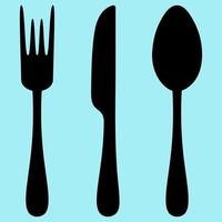Cutlery. Silhouette. Knife, fork and spoon. Vector set of illustrations. Outline on an isolated blue background. Flat style. Collection of tools for eating. Lunch equipment. Table setting.