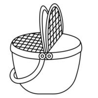 Picnic basket. Sketch. A wicker bag for carrying groceries for outdoor dining. Vector illustration. Outline on isolated background. Doodle style.