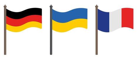 Flag of Germany, Ukraine and France. Set of color vector illustrations. Symbols of the states. Political themes. Flat style. National sign. Isolated background.