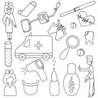 Medical set. Sketch.Collection of healthcare elements for web design. Vector illustration. Coloring book for children. Contour on an isolated background. Health topics. Doodle style.