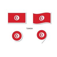 conjunto de iconos del logotipo de la bandera de túnez, iconos planos rectangulares, forma circular, marcador con banderas. vector