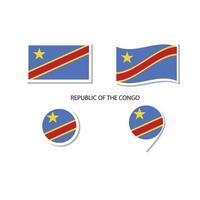 conjunto de iconos del logotipo de la bandera de la república del congo, iconos planos rectangulares, forma circular, marcador con banderas. vector
