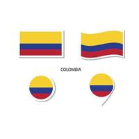 conjunto de iconos del logotipo de la bandera de colombia, iconos planos rectangulares, forma circular, marcador con banderas. vector