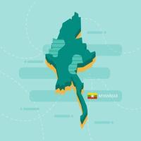 3d vector map of Myanmar with name and flag of country on light green background and dash.