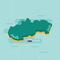 3d vector map of Slovakia with name and flag of country on light green background and dash.