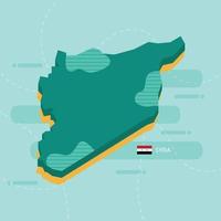 3d vector map of Syria with name and flag of country on light green background and dash.