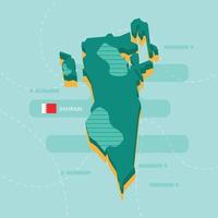 3d vector map of Bahrain with name and flag of country on light green background and dash.