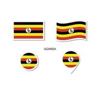 conjunto de iconos del logotipo de la bandera de uganda, iconos planos rectangulares, forma circular, marcador con banderas. vector