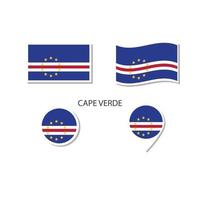 conjunto de iconos del logotipo de la bandera de cabo verde, iconos planos rectangulares, forma circular, marcador con banderas. vector