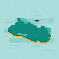 3d vector map of El Salvador with name and flag of country on light green background and dash.