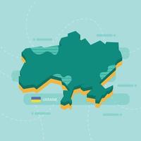 3d vector map of Ukraine with name and flag of country on light green background and dash.