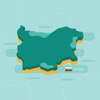 3d vector map of Bulgaria with name and flag of country on light green background and dash.