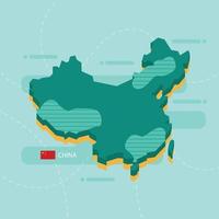 3d vector map of China with name and flag of country on light green background and dash.