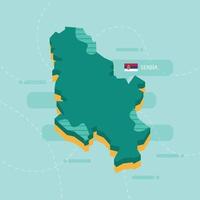 3d vector map of Serbia with name and flag of country on light green background and dash.