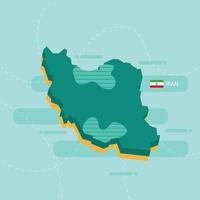 3d vector map of Iran with name and flag of country on light green background and dash.